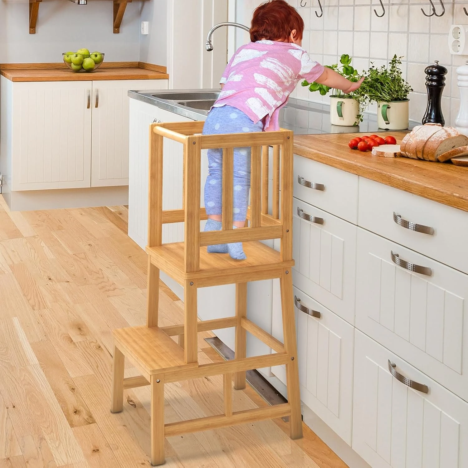 COSYLAND Kitchen Nursery Step Stool for Kids - A-shaped Solid Standing Tower for Kitchen Counter Island - Mothers' Helper Kids Learning Stool,Made of Natural Bamboo (Natural)