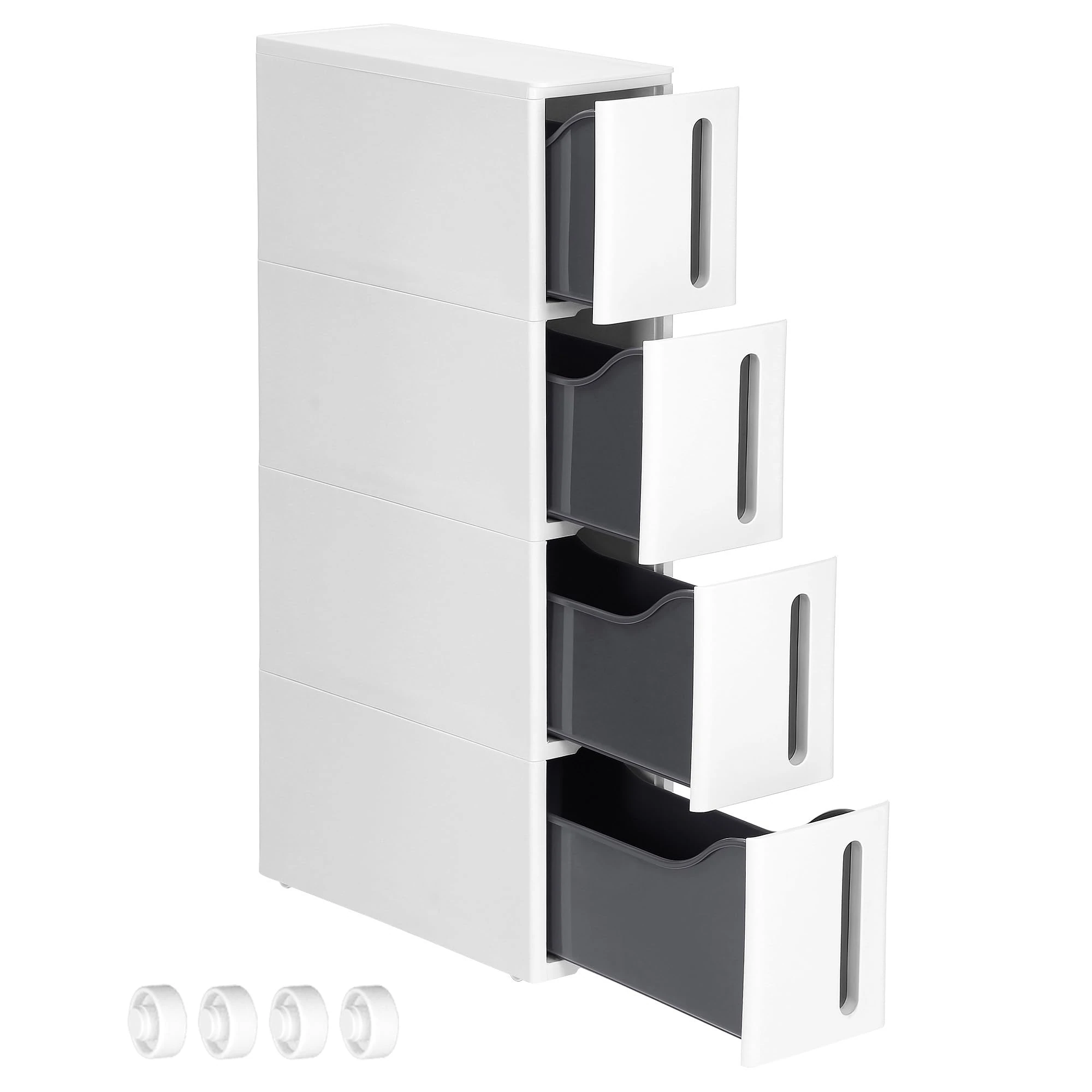 SONGMICS Storage Tower on Wheels, Narrow Kitchen Column, 4 Tier Plastic Shelf, Space Saving, 45 x 17 x 84 cm, White and Grey KFR008G01