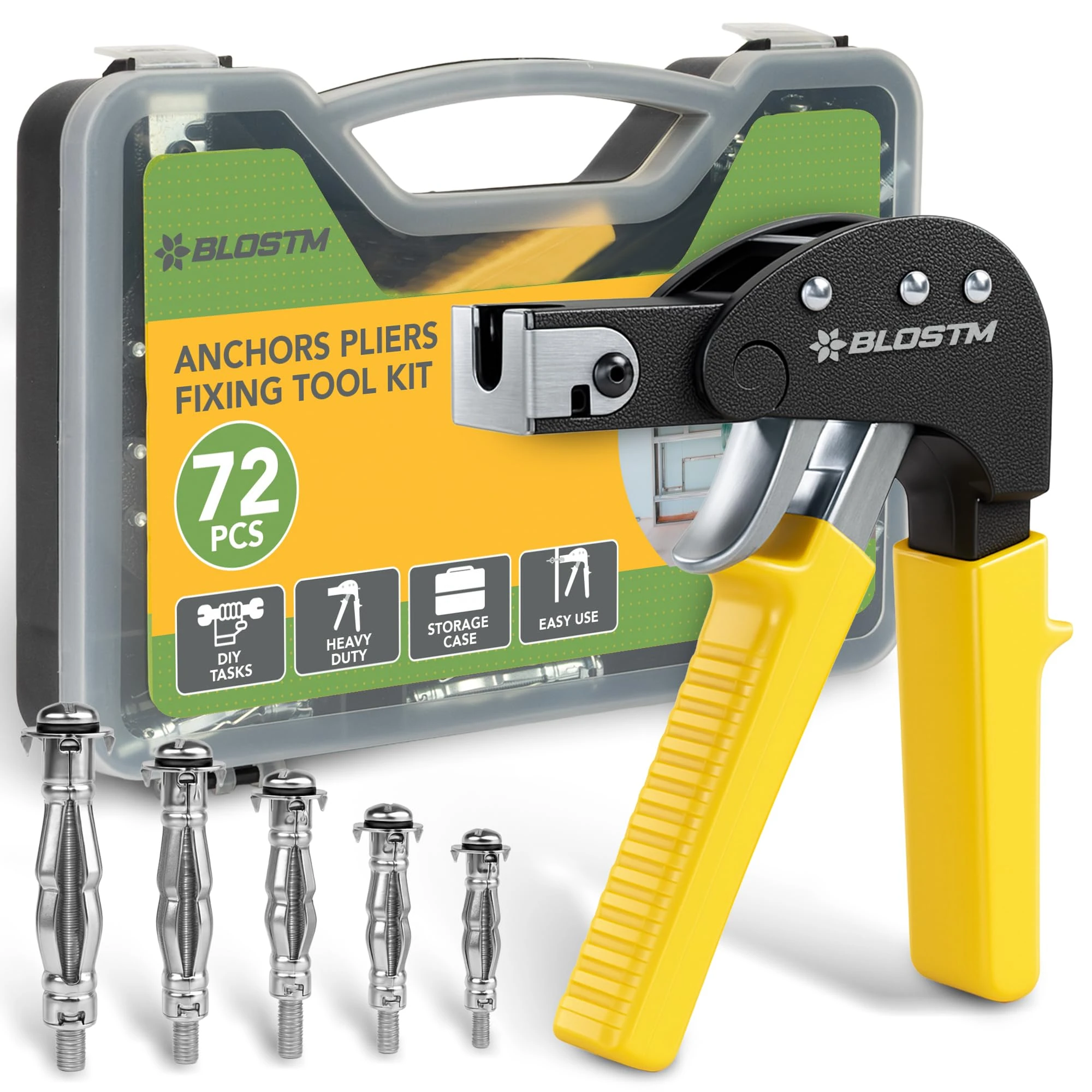 BLOSTM 72 PCS Hollow Wall Fixings - Heavy Duty Plasterboard Fixings & Wall Anchor Setting Tool Rivet Gun Set with Carry Case