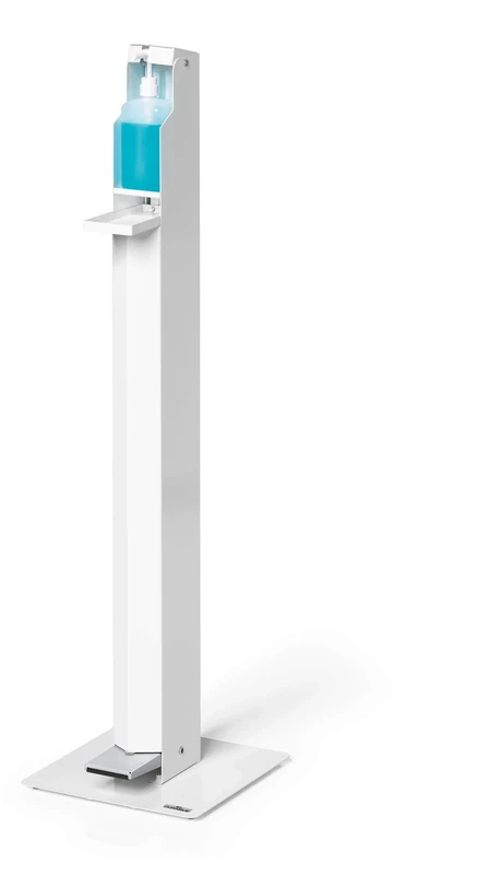 Durable Disinfectant Dispenser Floor Stand with Foot Pedal | Includes Drip Tray | Flexible Adjustment to Bottle Sizes Up to 500 ml | White