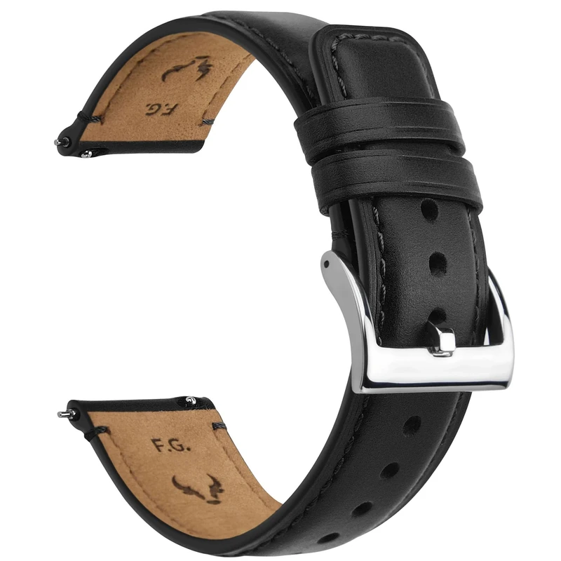 Fullmosa 20mm Leather Watch Strap - Black with Silver Hardware