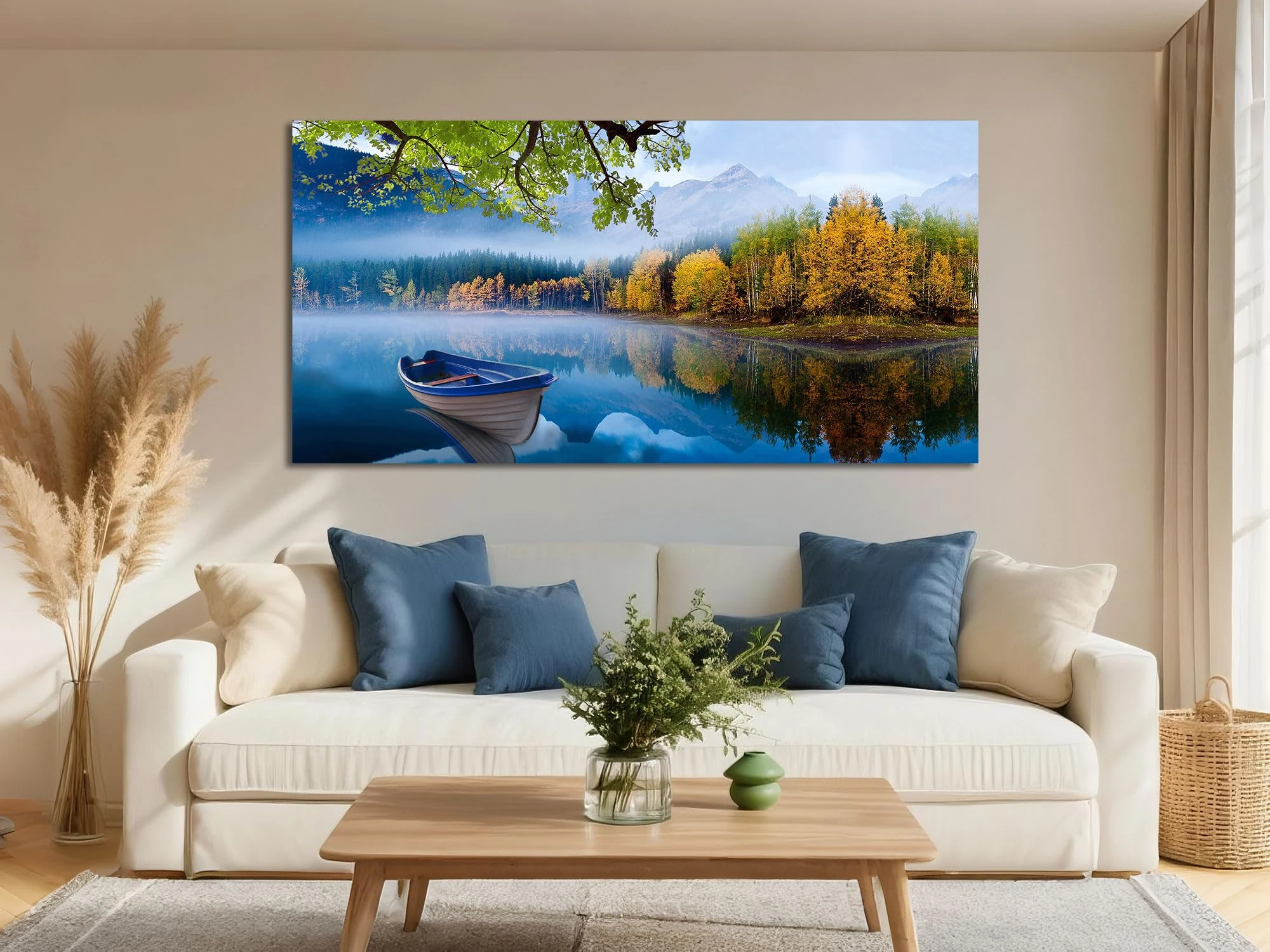Arjun Lake Canvas Wall Art Blue Mountain Sky Nature Landscape Picture Boat Artwork Modern Scenic Painting Framed for Living Room Bedroom Dinning Room Home Office Wall Decor, Extra Large Size 58"x29"
