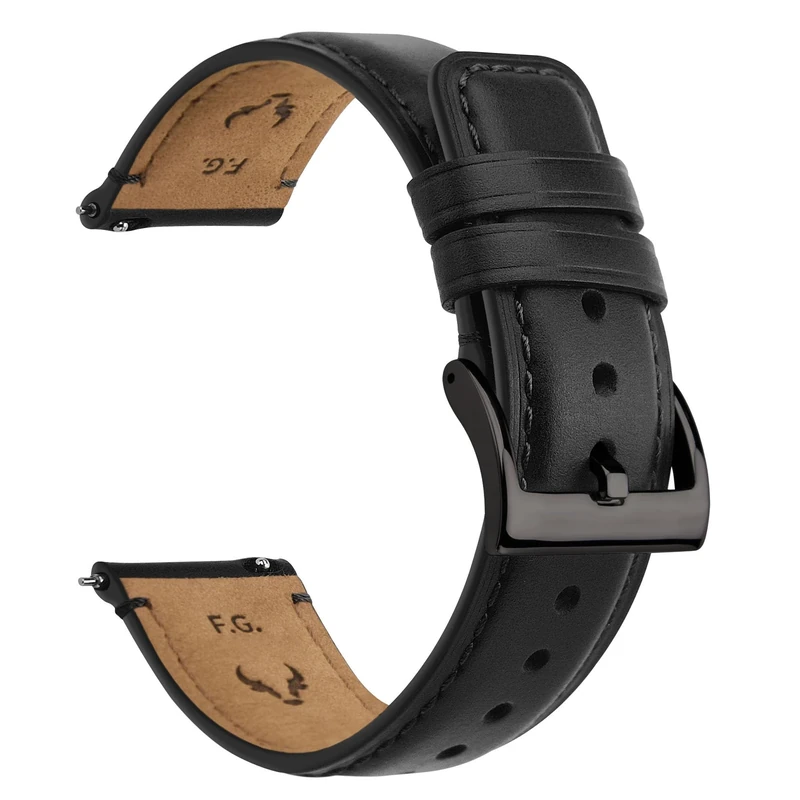 Fullmosa 20mm Leather Watch Strap - Black with Smoky Grey Hardware