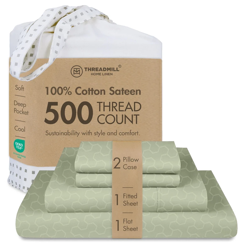 Threadmill 500 Thread Count Full Size 4 Piece Cotton Sheet Set, Jacquard Floria Sage Green, Silky Smooth Sheets with 16" Elasticized Deep Pocket, 2 Pillowcases & Free Tote Bag