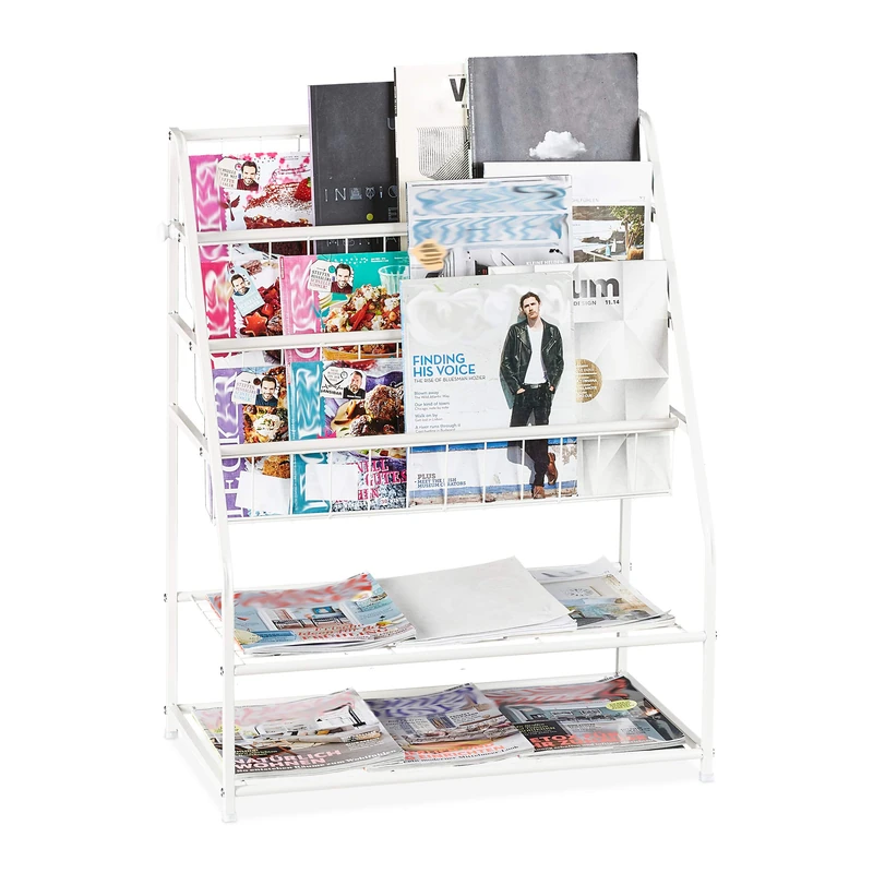 Relaxdays Metal Rack, HBT: 81 x 67 x 37 cm, Organiser, Free Magazine Stand, White, Steel