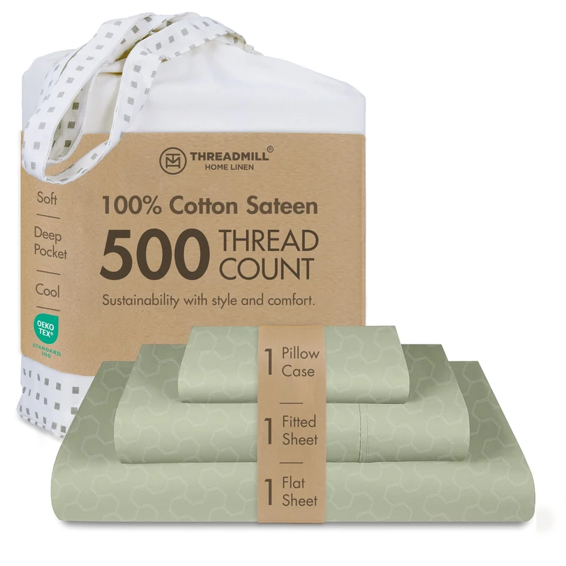 Threadmill 500 Thread Count Twin-XL Size 3 Pc Luxury Cotton Bed Sheet Set, Jacquard Floria Sage Green, Breathable Sheets with 15" Elasticized Deep Pocket, 1 Pillowcase & Free Tote Bag