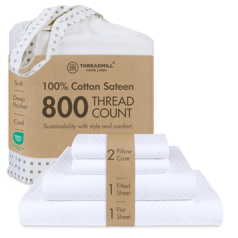 Threadmill Home Linen Full Bed-Sheets - 800 Thread Count Jacquard Damask, 100% Natural Cotton 4 Piece Striped Bed Set, Extra Long Staple Cotton, Cooling White Sheets with Elasticized Deep Pocket