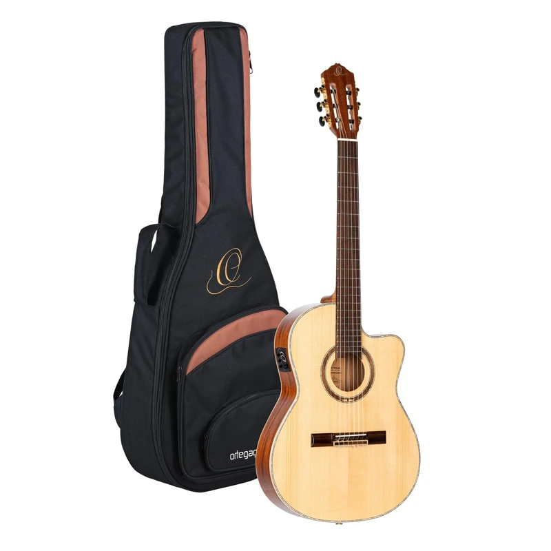 Ortega Guitars Classical Guitar Electro-Acoustic – 4/4, Slim Neck, Thinline Body – Performer Series – Including Gig Bag – Solid Sitka Spruce / Sapele, Natural (RCE138-T4)