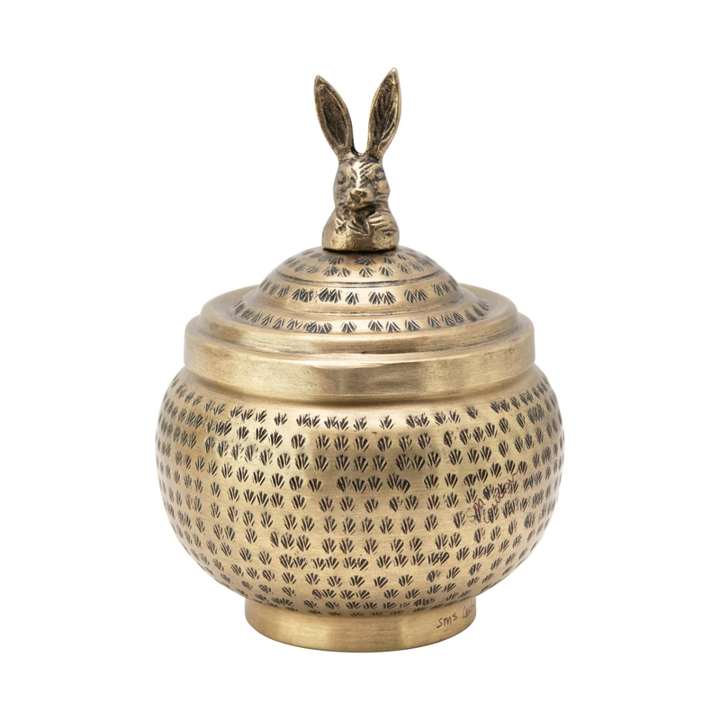 Creative Co-op Round Hammered Metal Container with Rabbit Finial, Brass Finish - Image 1