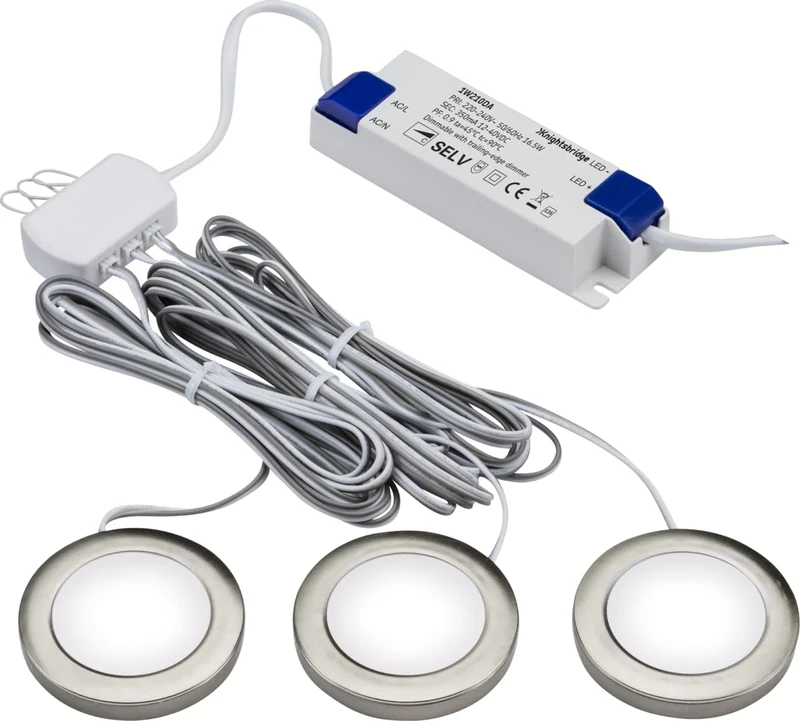 Knightsbridge Pack of 3 Cool White LED Dimmable Under Cabinet Lights in Brushed Chrome, UNDKIT3BCCW