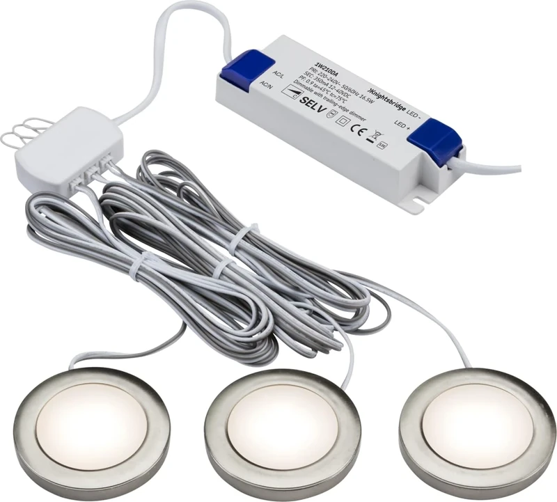 Knightsbridge Pack of 3 Warm White LED Dimmable Under Cabinet Lights in Brushed Chrome UNDKIT3BCWW