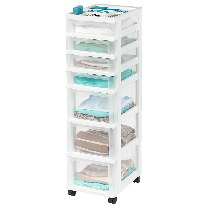 IRIS USA MC Plastic Storage Drawer, Rolling Cart with Organizer Top, 7, White