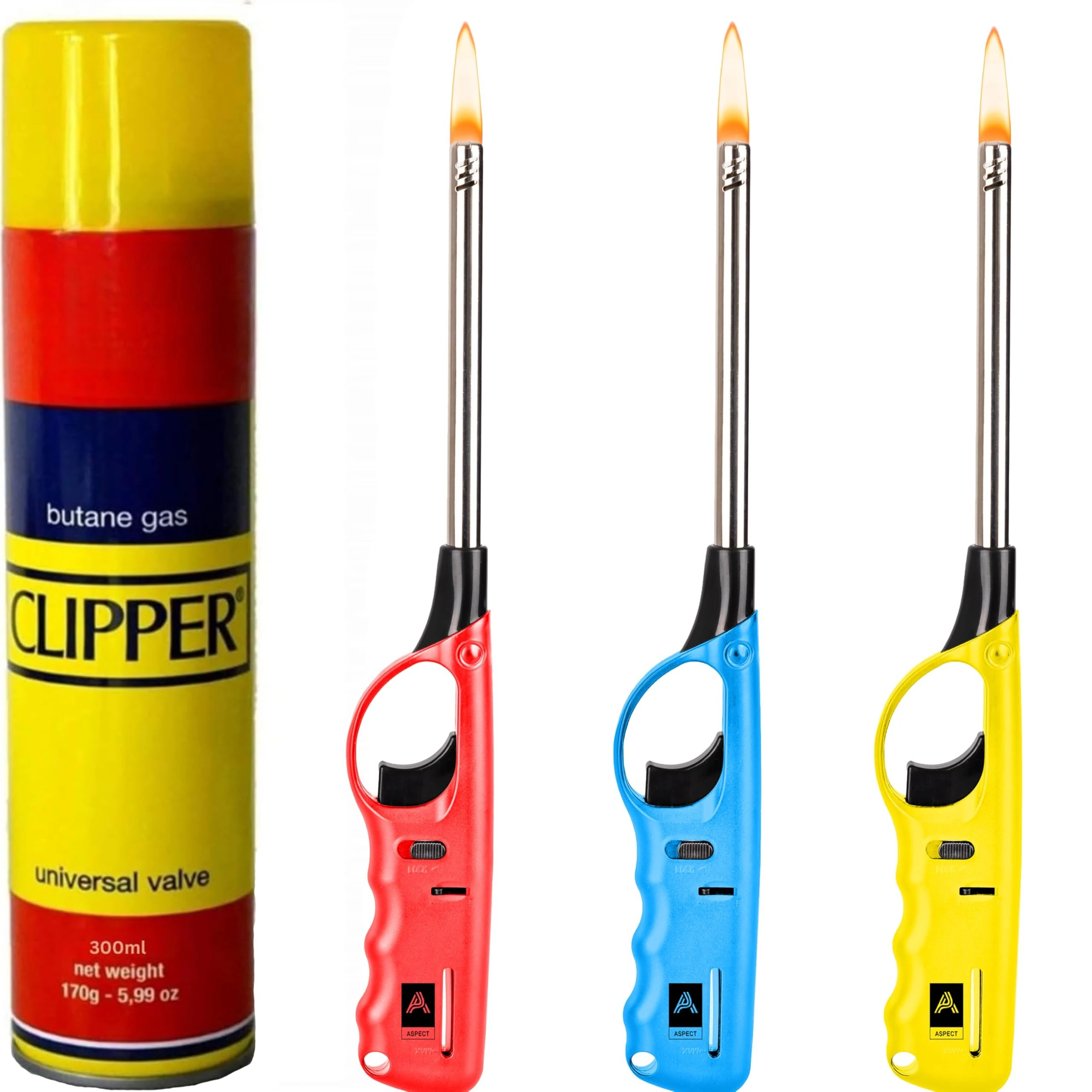 Aspect X3 Refillable BBQ Lighter – Adjustable Flame, Clipper Gas, Multi-Use for Kitchen, BBQ, Candles, Camping (Set of 4)