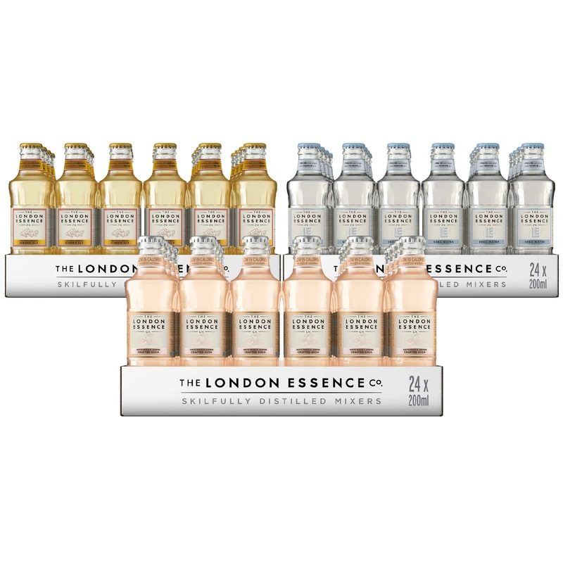 London Essence Whisky inspired Cocktail Mixer Bundle - Soda Water, White Peach and Jasmine Crafted Soda, Delicate Ginger Ale, 3 x Pack of 24, 200 ml Bottles