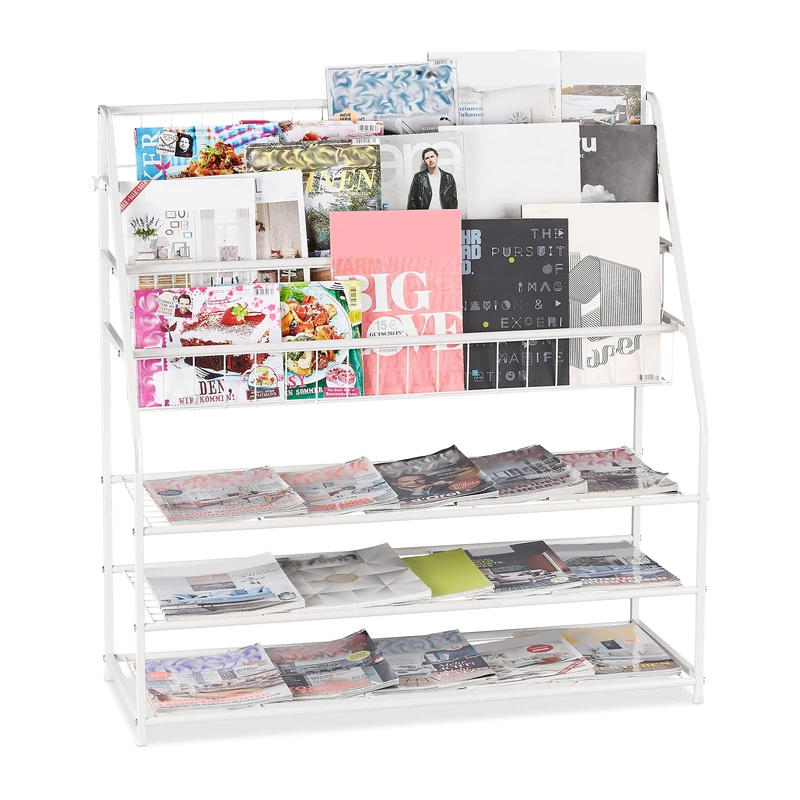 Relaxdays XL Magazine Rack H 96 x D 97 x D 37 cm Metal Standing Magazine Rack for Living Room White 1 Piece