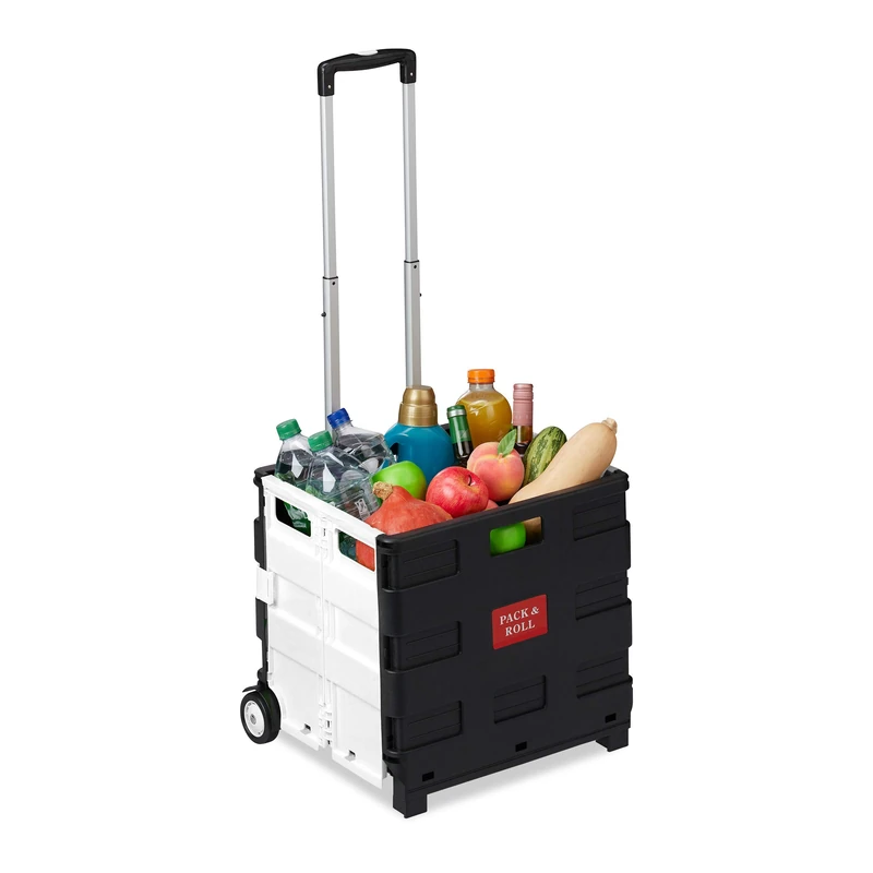 Relaxdays Trolley, Foldable, Up to 35 kg, 50 L, with Telescopic Handle, Shopping Transport Cart, Black/Grey, 99 x 45 x 37.5 cm