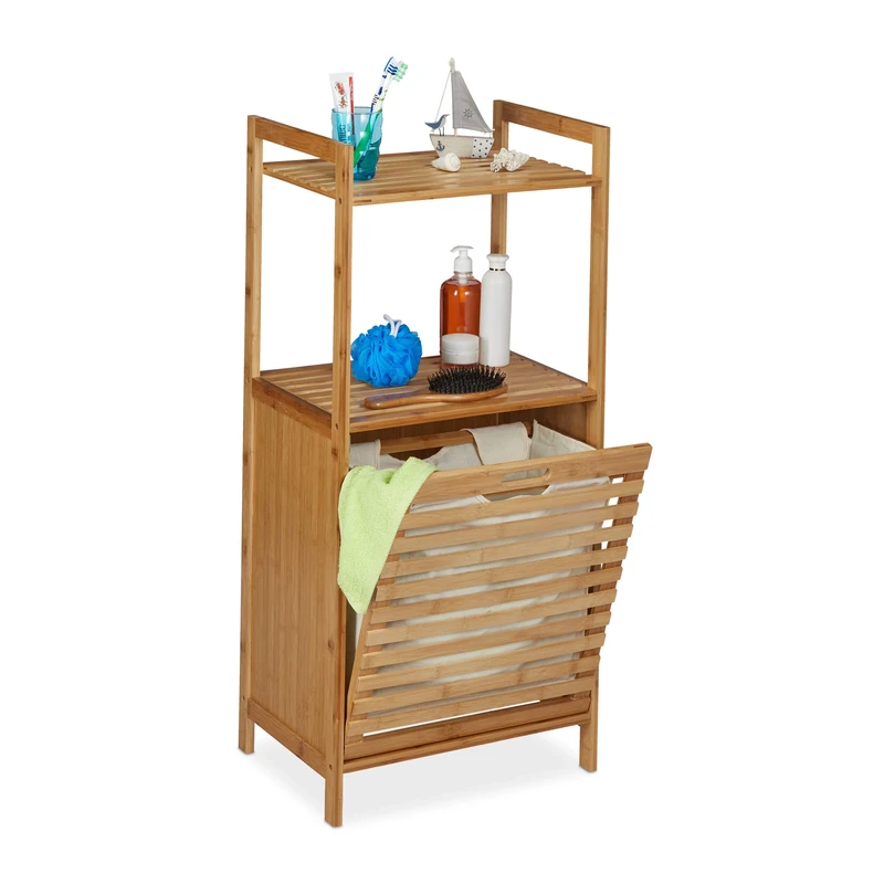 Relaxdays Shelving Unit with Laundry Basket, Folding Washing Hamper, Bathroom, HWD 100 x 45.5 x 33.5 cm, Bamboo, Natural