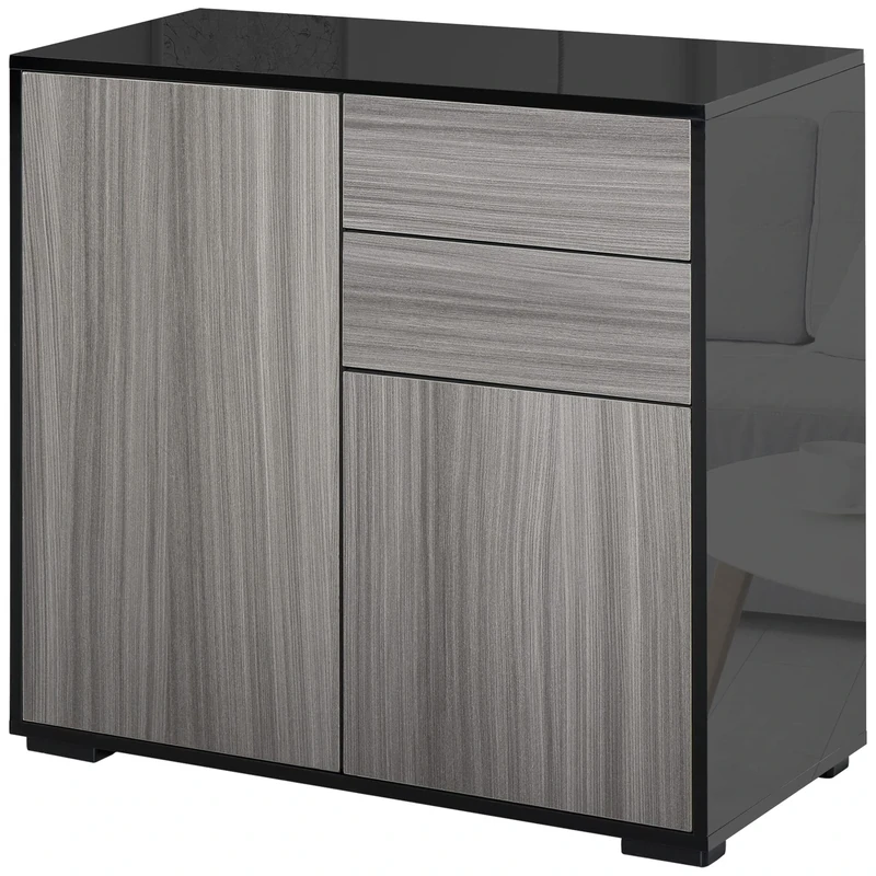 HOMCOM High Gloss Frame Sideboard, Side Cabinet, Push-Open Design with 2 Doors for Living Room, Bedroom, Light Grey and Black