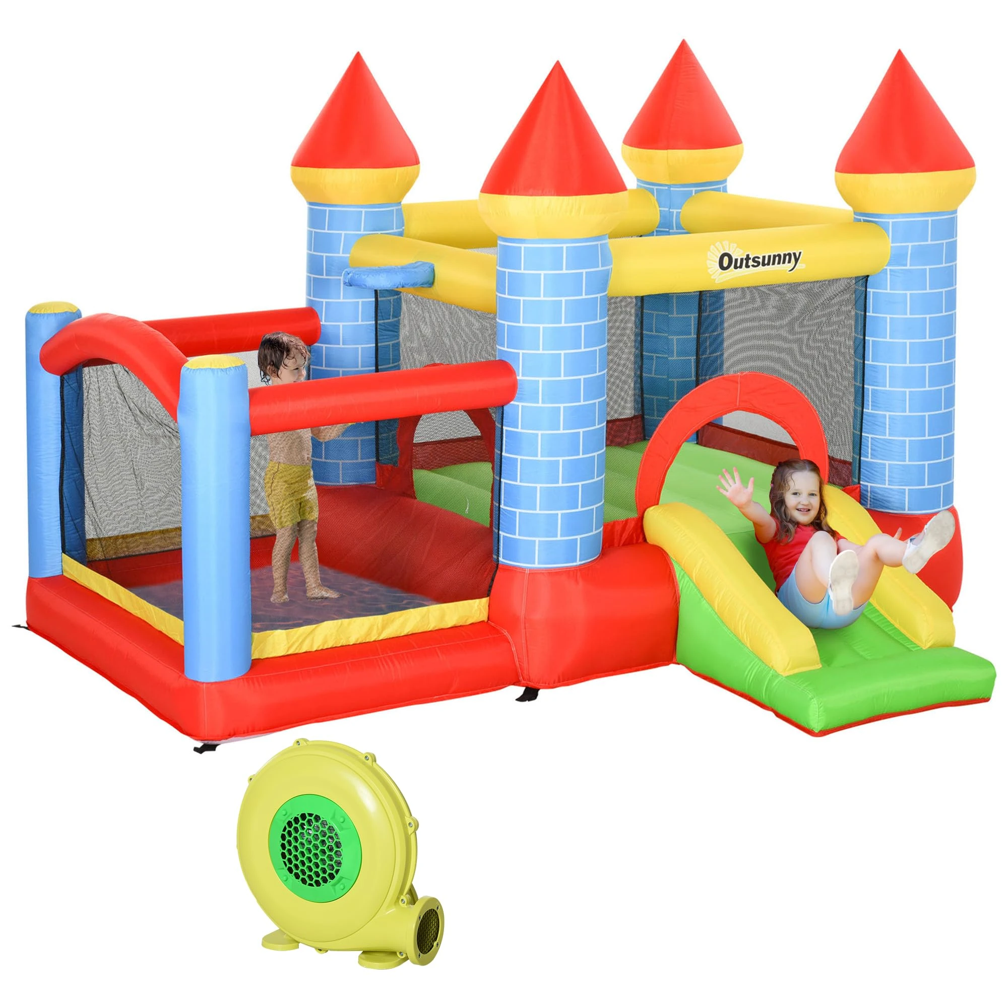 Outsunny Kids Bouncy Castle House Inflatable Trampoline Slide Water Pool Basket 4 in 1 with Blower for Kids Age 3-8 Castle Design 2.8 x 2.6 x 2.1m, Indoor Outdoor
