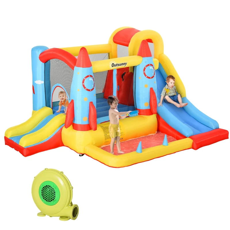 Outsunny Bouncy Castle, 3 in 1 Inflatable Bounce House with Dual Slides, Trampoline and Water Pool for Kids Age 3-8 Indoor Outdoor, 3.3 x 2.65 x 1.85m, Rocket Design