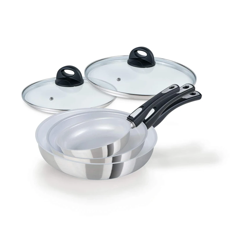 Genius Cerafit Steel Frying Pan Set 5 Pieces - Ceramic Pans 20 24 28 cm with Scratch-Resistant Non-Stick Coating + Glass Lid - Induction Pans with Removable Handle for All Hobs