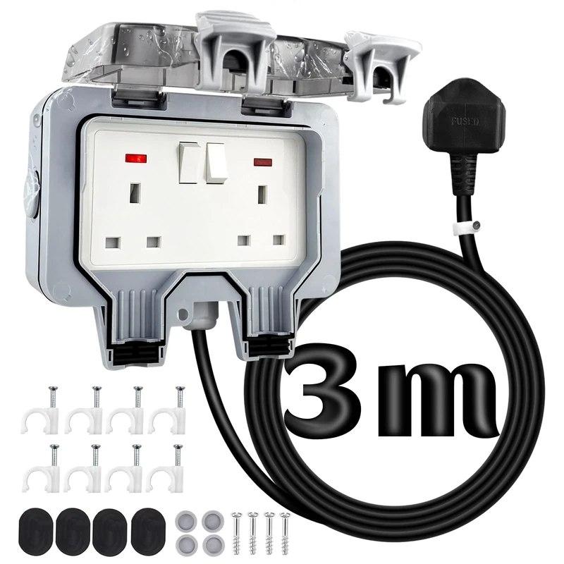 Outdoor Plug Sockets Waterproof 3m Extension Lead Ip66 Weatherproof Double Outside 13Amp 2 Gang External Power Electrical Plug for Outdoors Garden