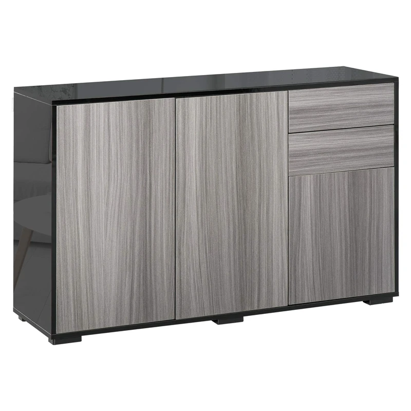 HOMCOM High Gloss Frame Sideboard, Side Cabinet, Push-Open Design with 3 Doors for Living Room, Bedroom, Light Grey and Black