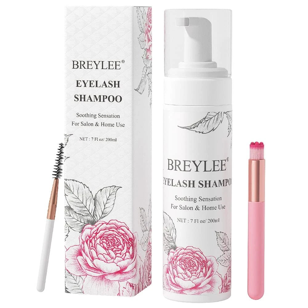 Eyelash Extension Cleanser, BREYLEE Eyelash Extension Shampoo Eyelash Extension Foam & Brushes Eyelid Cleanser for Makeup Remover Paraben & Sulfate & Oil Free for Salon and Home Use