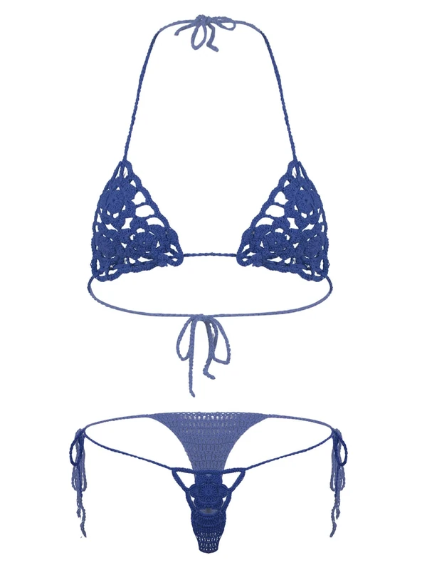 FEESHOW Women Two-Piece Floral Handmade Crochet Lingerie Suit Hollow Out Bikini Set Micro Swimsuit Beachwear Blue M