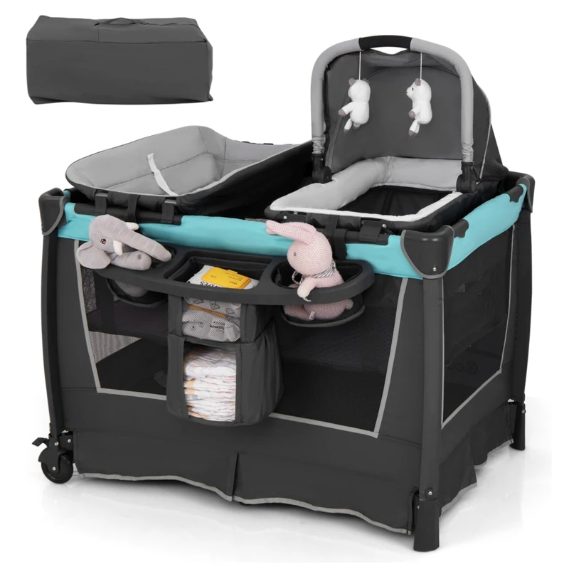 GYMAX Baby Travel Cot, 4-in-1 Foldable Infant Crib with Changing Table, Storage Basket, Toys and Wheels, Newborn Bassinet Bed from Birth to 15kg (Mint Green)