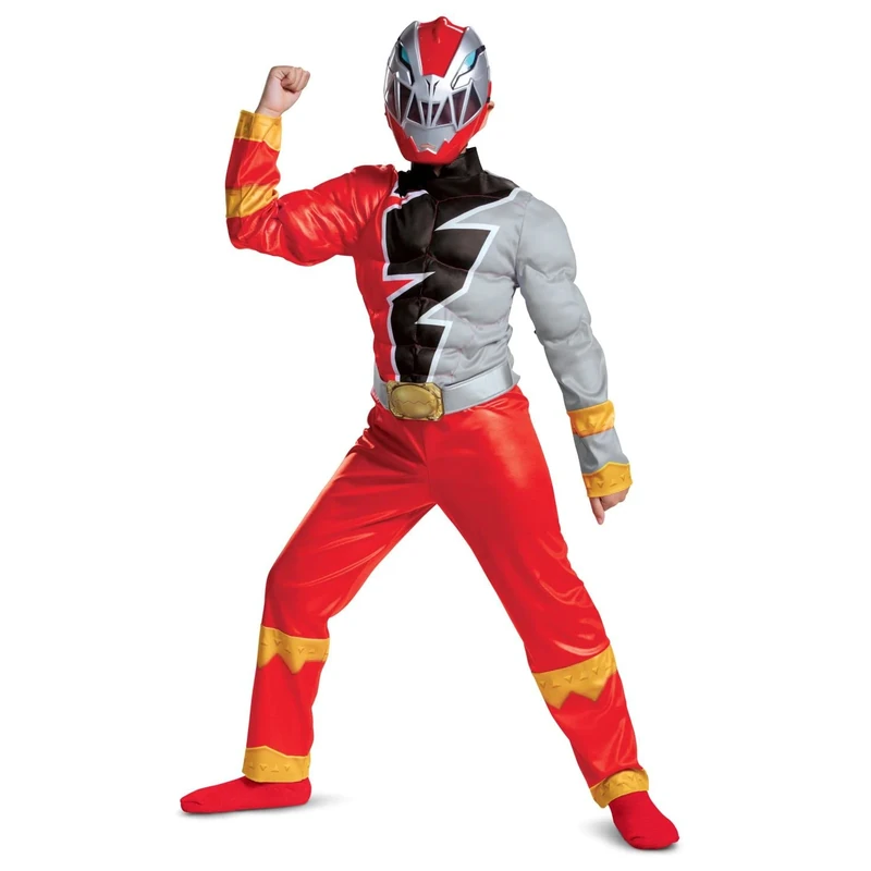 Disguise Official Red Power Rangers Costume Kids, Muscle Power Rangers Dino Fury Costume Fancy Dress Up Outfit Suit World Book Day Costumes for Boys Large