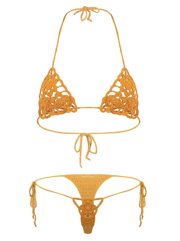 FEESHOW Women Two-Piece Floral Handmade Crochet Lingerie Suit Hollow Out Bikini Set Micro Swimsuit Beachwear Orange M