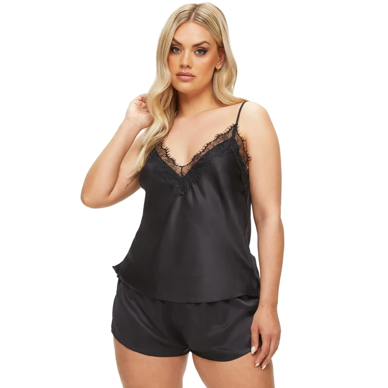 Ann Summers Cerise Satin Cami Set (2-Piece) with Adjustable Straps & Plunge Neckline, Ladies Satin Pyjamas