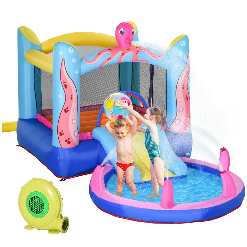 Outsunny 3 in 1 Kids Bouncy Castle with Slide and Pool Trampoline, Inflatable Water Park with Blower for Kids Age 3-8 Octopus Design 3.6 x 1.75 x 1.8m