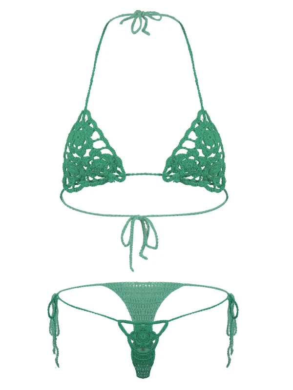FEESHOW Women Two-Piece Floral Handmade Crochet Lingerie Suit Hollow Out Bikini Set Micro Swimsuit Beachwear Green M