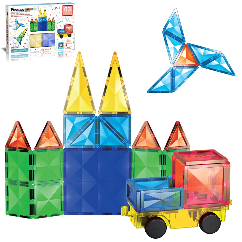 PicassoTiles 63 Pcs Diamond Shape Magnetic Building Blocks Tile Blocks with Car and Truck Kit