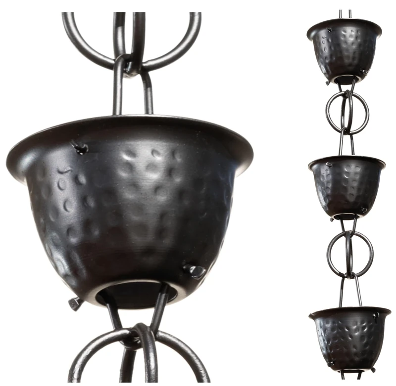 Monarch Rain Chains Aluminum Hammered Cup Rain Chain Replacement Downspout for Gutters, Black, Rain Chain 8.5 Ft