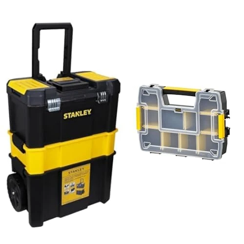 STANLEY Essential Rolling Workshop Toolbox, 3 Tier Stackable Units, STST1-80151 & STST1-70720 "Sortmaster" Organizer Stackable, Multi-Colour