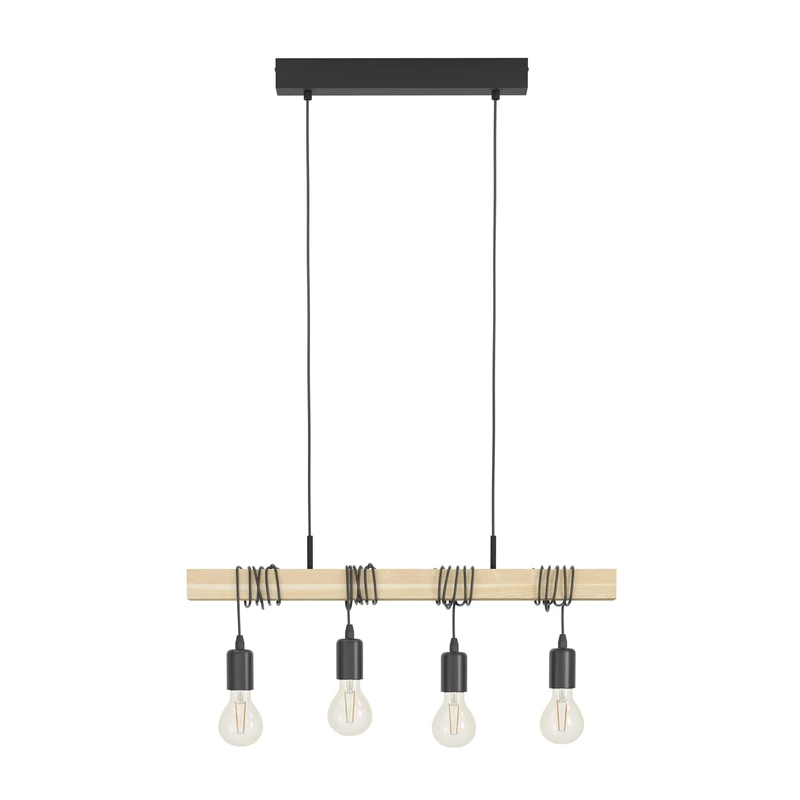 Eglo Pendant Lighting Townshend, 4 Light Vintage Hanging lamp in Industrial Design, Retro Ceiling Light Made of Black Metal and Natural Wood, FSC Certified, E27