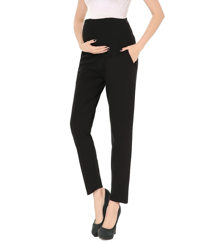 Maternity Pants Comfortable Stretch Over-Bump Women Pregnancy Casual Capris for Work, Black, 0-2