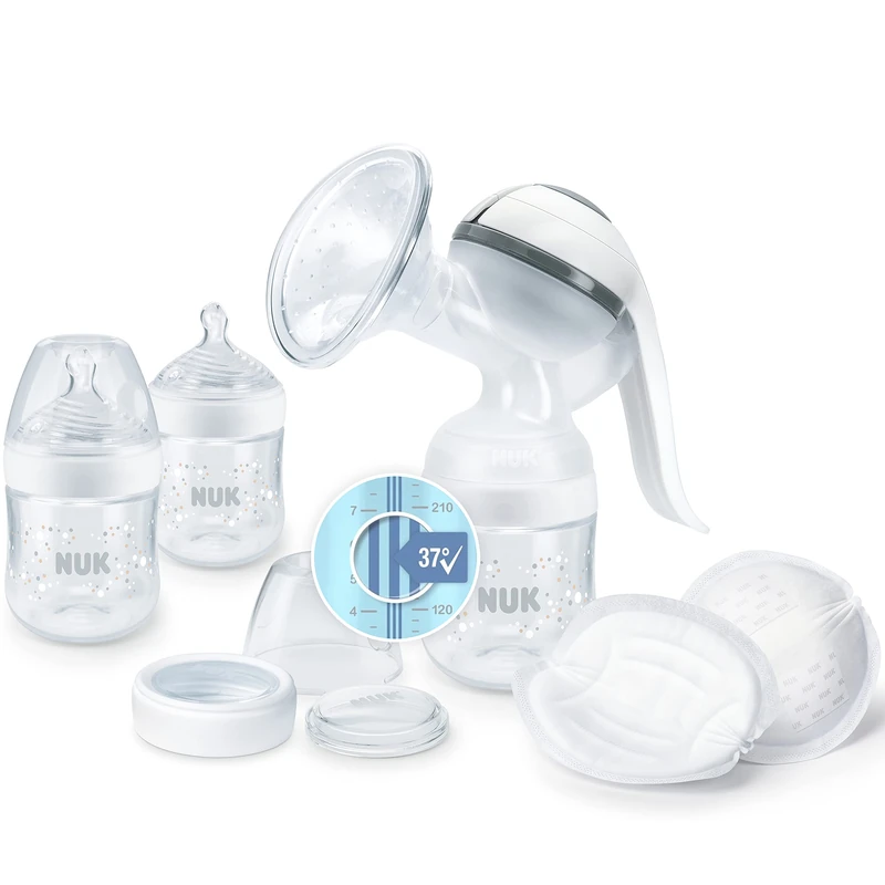 NUK Nature Sense Manual Breast Pump, Breastfeeding Set with Manual Breast Pump, Baby Bottles & Ultra Dry Comfort Nursing Pads, Pack of 6