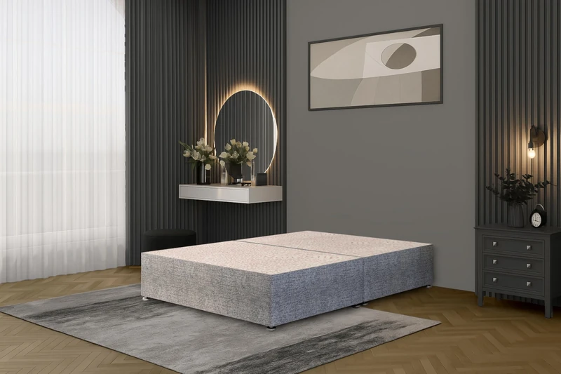 Bed Centre Tweed Grey Flexby Divan Bed Base – Upholstered Platform Frame | Double (4FT6) | Optional Headboard & Storage Drawers | Strong Timber Frame | UK Made