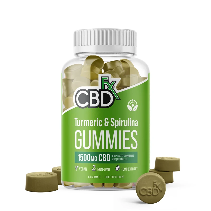 CBDfx 1500mg High Strength Turmeric Spirulina CBD Gummies 25mg Turmeric 10mg Spirulina 25mg CBD per Gummy 60x Bottle (30 Days) - Image 1