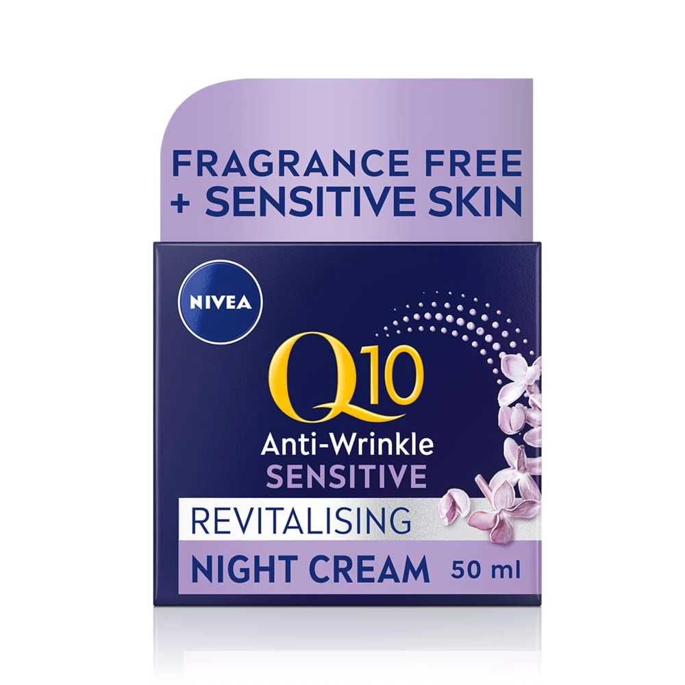 NIVEA Q10 Anti-Wrinkle Sensitive Revitalising Night Cream (50ml), Face Cream with Pure Skin Identical Q10 and Liquorice Extract, Sensitive Skin Cream