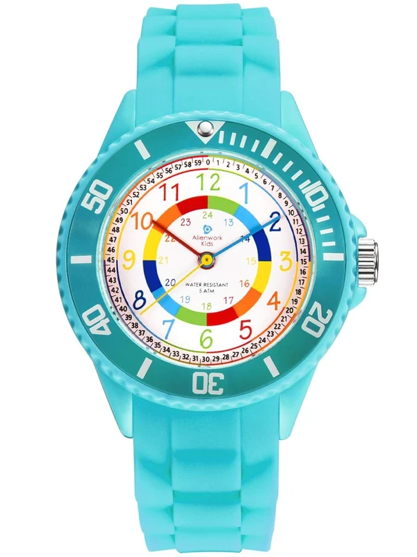 Alienwork Kids Children's Teacher Watch Girls Turquoise Silicone Strap Multi-Coloured Children's Kid Waterproof 5 ATM Learning Time