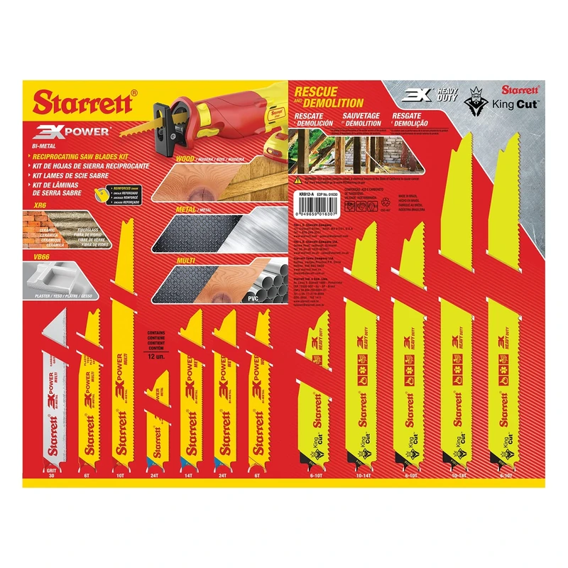 Starrett Bi-Metal & Carbide Grit Reciprocating Saw Blades Assortment Pack - KRB12-A - WOOD, METAL, MULTI-USE and HEAVY DUTY CUTTING (12 Blades) - Image 1