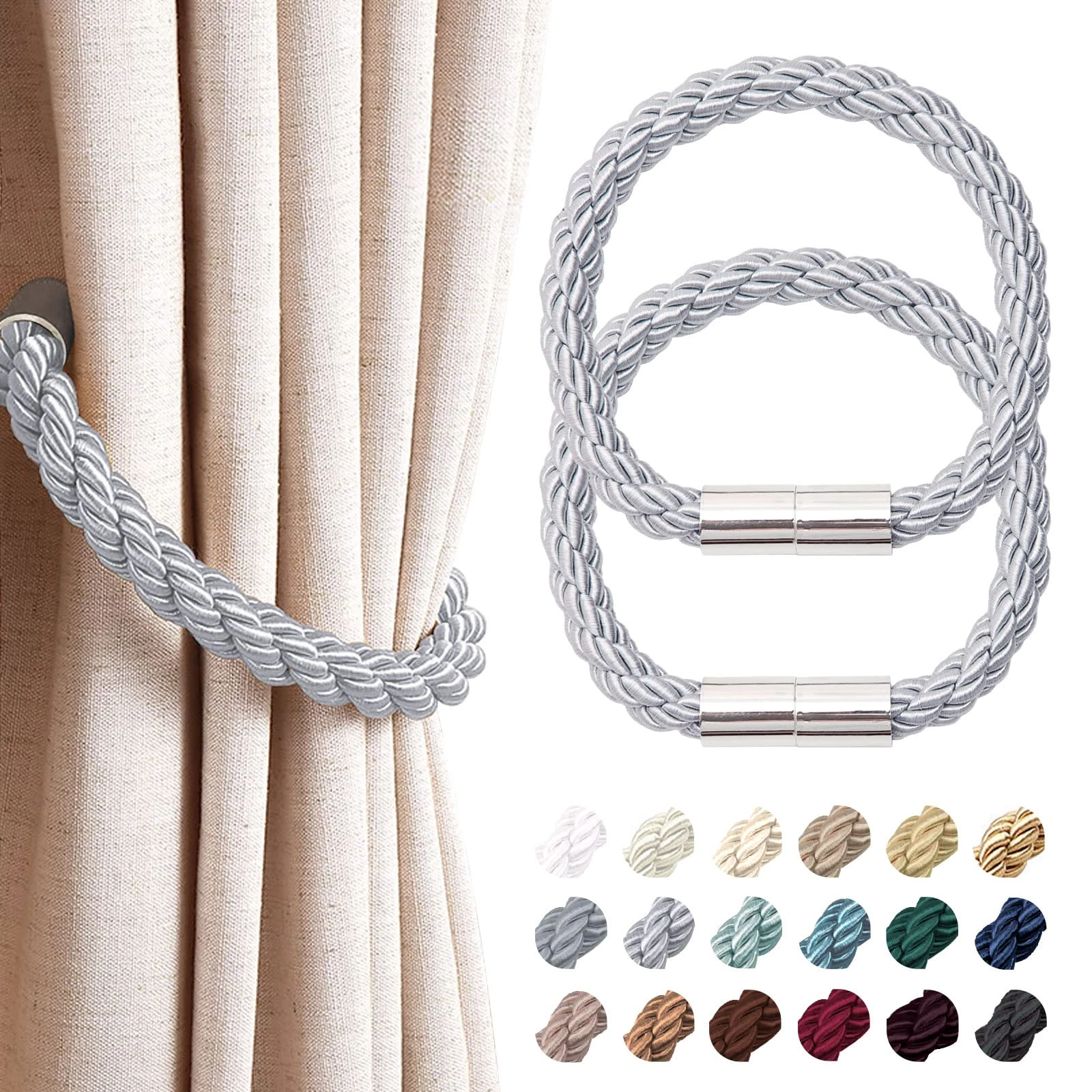 Pretty Jolly 2 Pack Strong Magnetic Curtain Tiebacks Modern Simple Style Drape Tie Backs Convenient Decorative Weave Rope Curtain Holdback for Thin or Thick Home & Office Window Drapery (Light Grey)