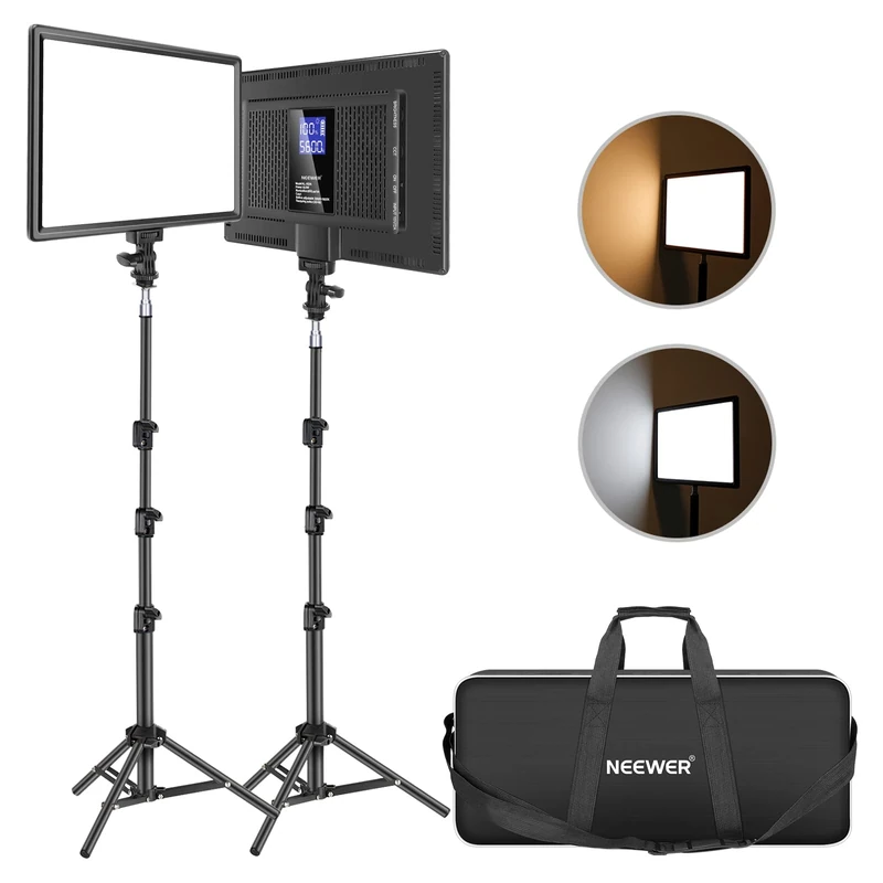 Neewer 13" Led Video Light Panel Kit, 2 Pack Dimmable Bi Color Soft Key Lighting with Tripod Stand, 8000mAh Battery, 3200~5600K CRI97+ 2400Lux for Game/Streaming/YouTube Recording/Studio Photography