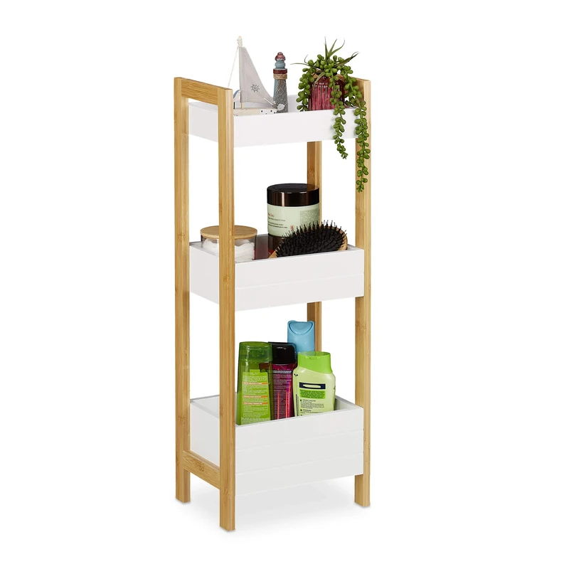 Relaxdays Bathroom Shelf with 3 Baskets, Free-Standing Storage, Bamboo & MDF, HxWxD: 74.5 x 28 x 20 cm, Natural/White