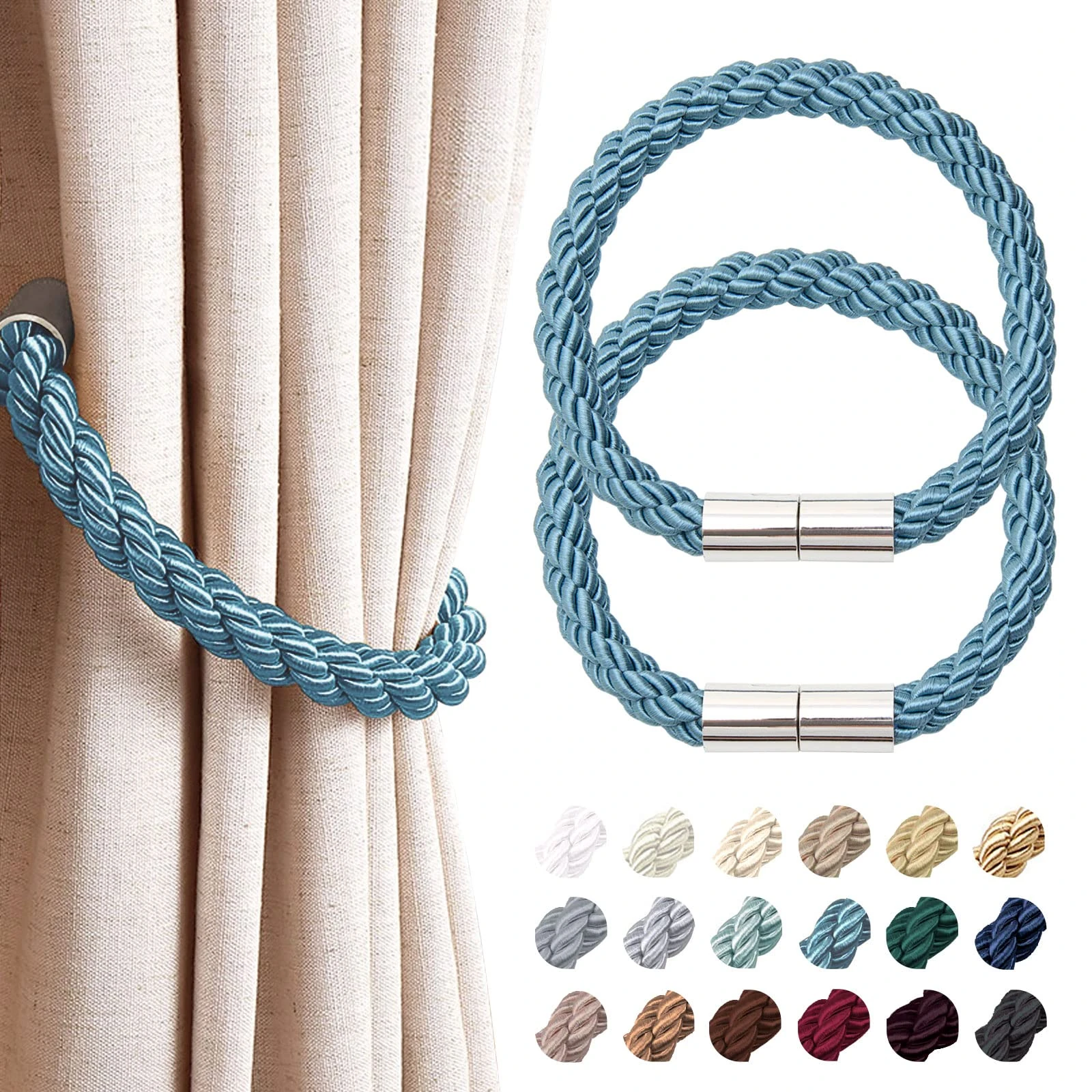Pretty Jolly 2 Pack Strong Magnetic Curtain Tiebacks Modern Simple Style Drape Tie Backs Convenient Decorative Weave Rope Curtain Holdback for Thin or Thick Home & Office Window Drapery (Teal)